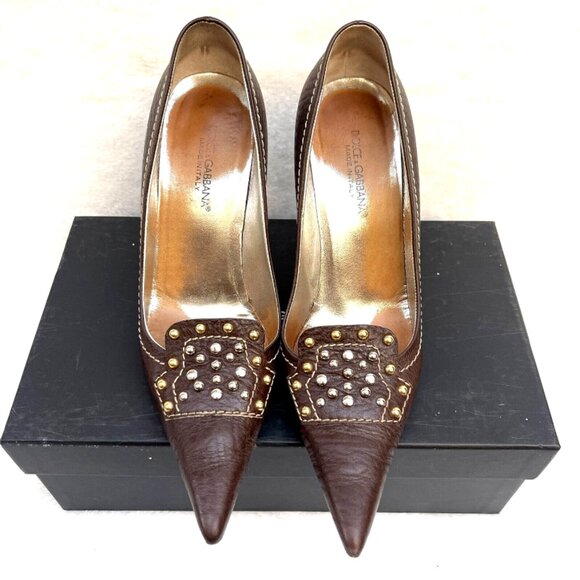 Auc Dolce & Gabbana Vitello T.Moro studded point Toe heels IT38 US 8 - Picture 9 of 14